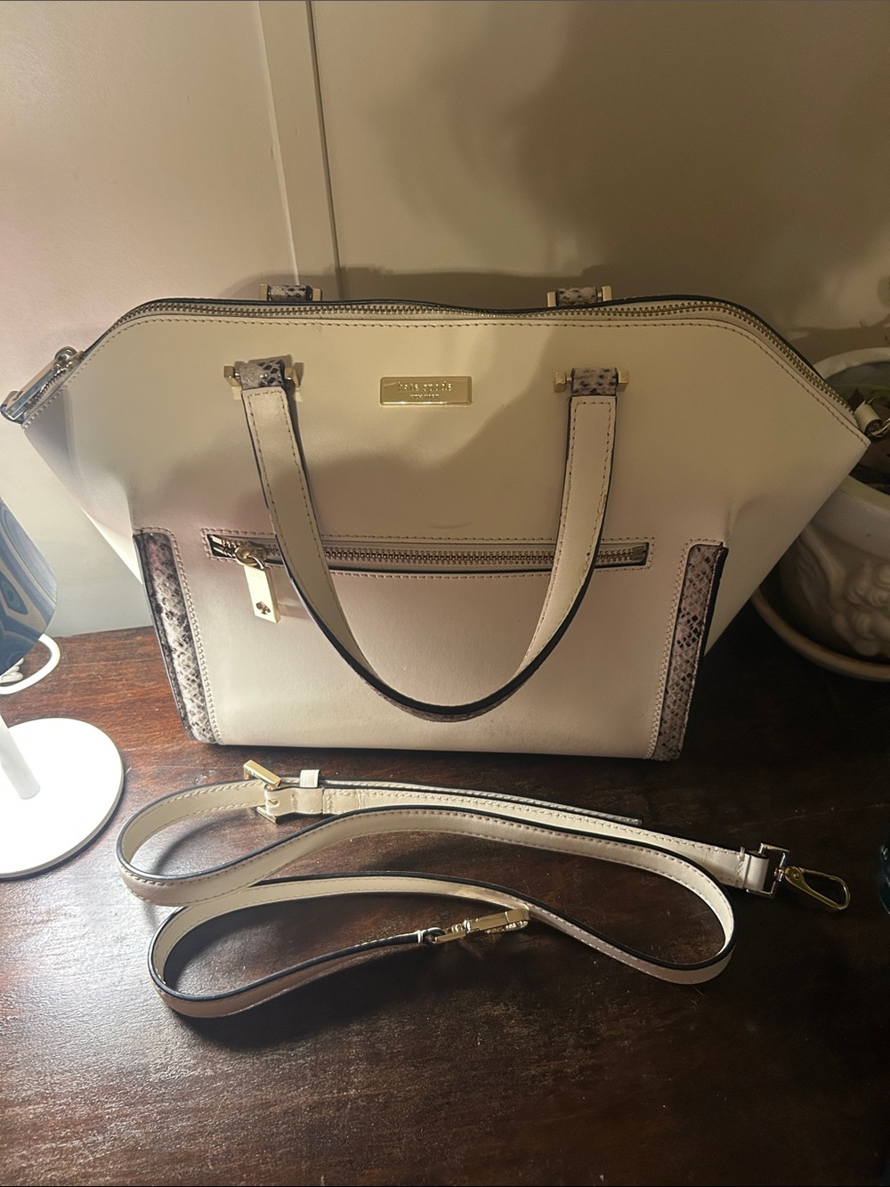 kate spade Cream Leather Satchel with Snake-Trim and Gold Hardware